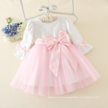 Robes brodées à manches longues de conception d&#39;enfant de gaine bow tie fashion kid girl robe rose avec des prix de gros